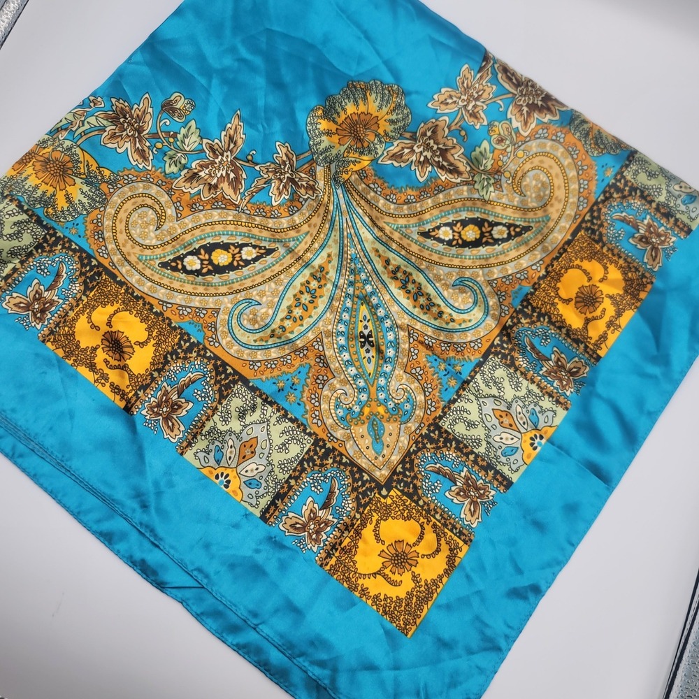 Turquoise Blue Paisley Floral Satin Square Scarf Boho Retro Hippie Elegant 31"